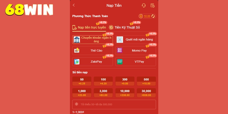 Dịch vụ thanh toán nạp rút tiền 68win nhanh chóng