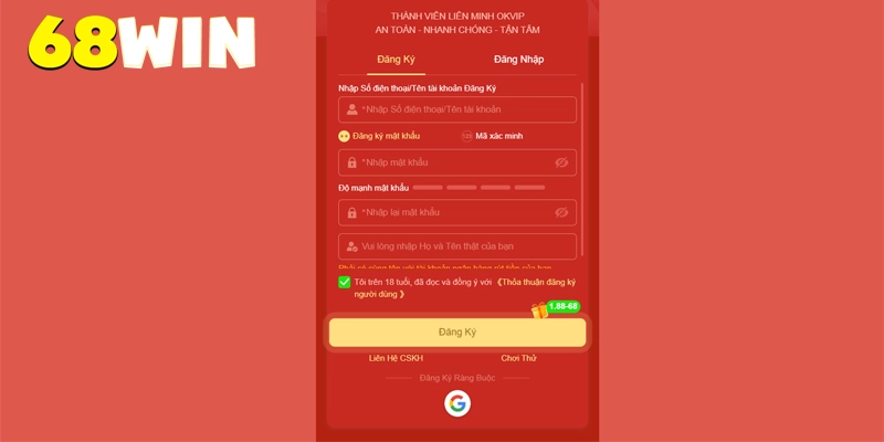 Hướng dẫn cách đăng ký 68win trong 1 phút